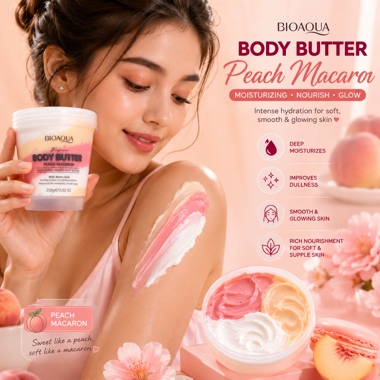A woman in a pink outfit holds a jar of BIOAQUA Body Butter Peach Macaron while applying a creamy peach-colored body butter to her arm. The image features promotional text, icons, and a peach slice on a soft pink background.