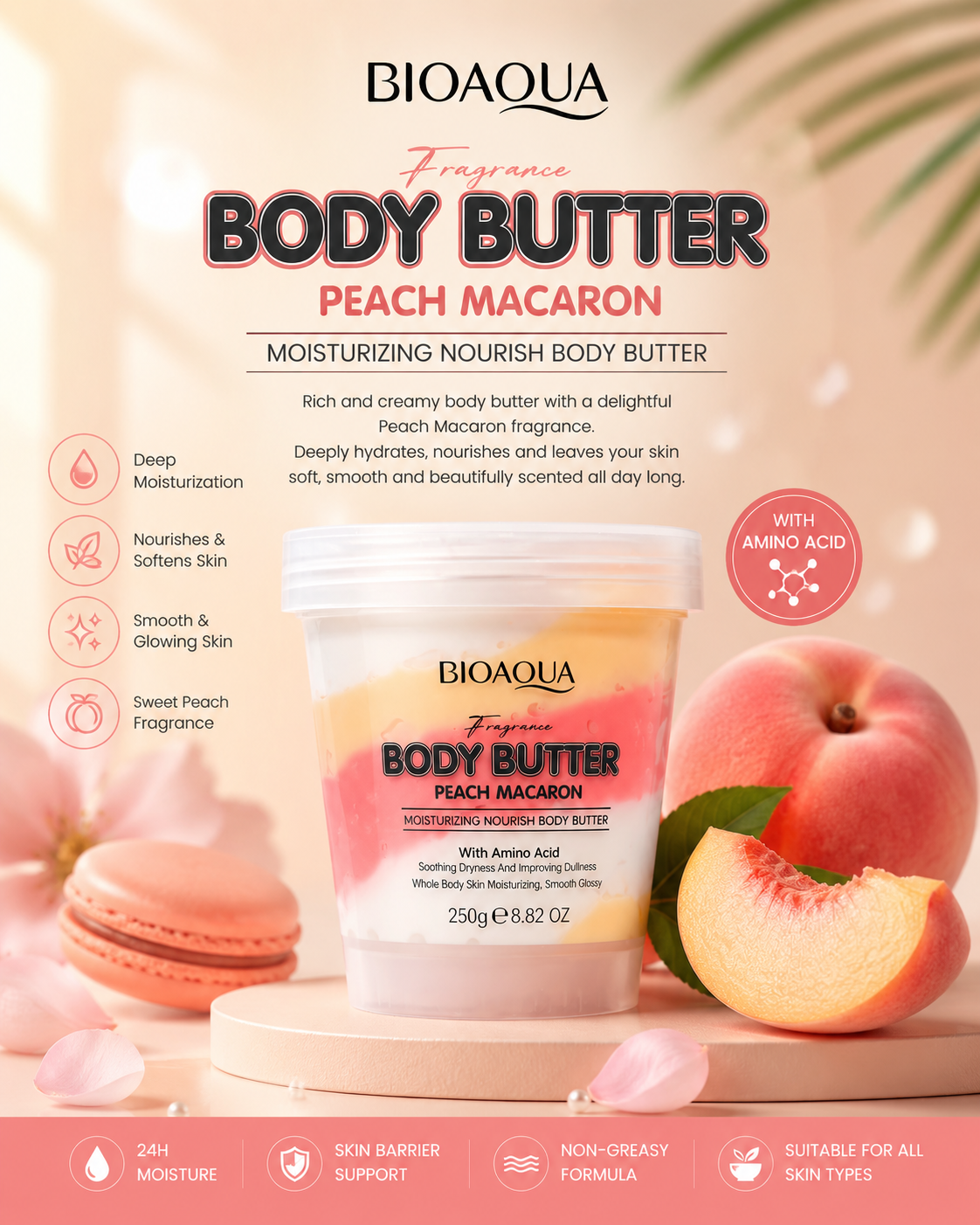 BIOAQUA Fragrance Body Butter Peach Macaron in a white tub with a pink label, styled with peach slices, a macaron, and pink petals on a light beige background with botanical accents.