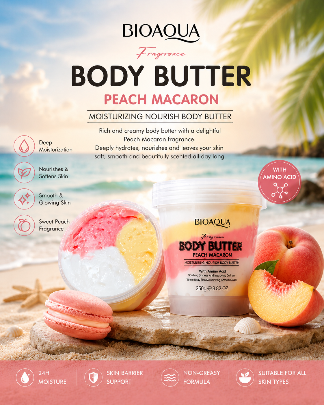 BIOAQUA Fragrance Body Butter Peach Macaron jar shown on a beach-themed background with peaches, a pink macaron, and descriptive marketing text.