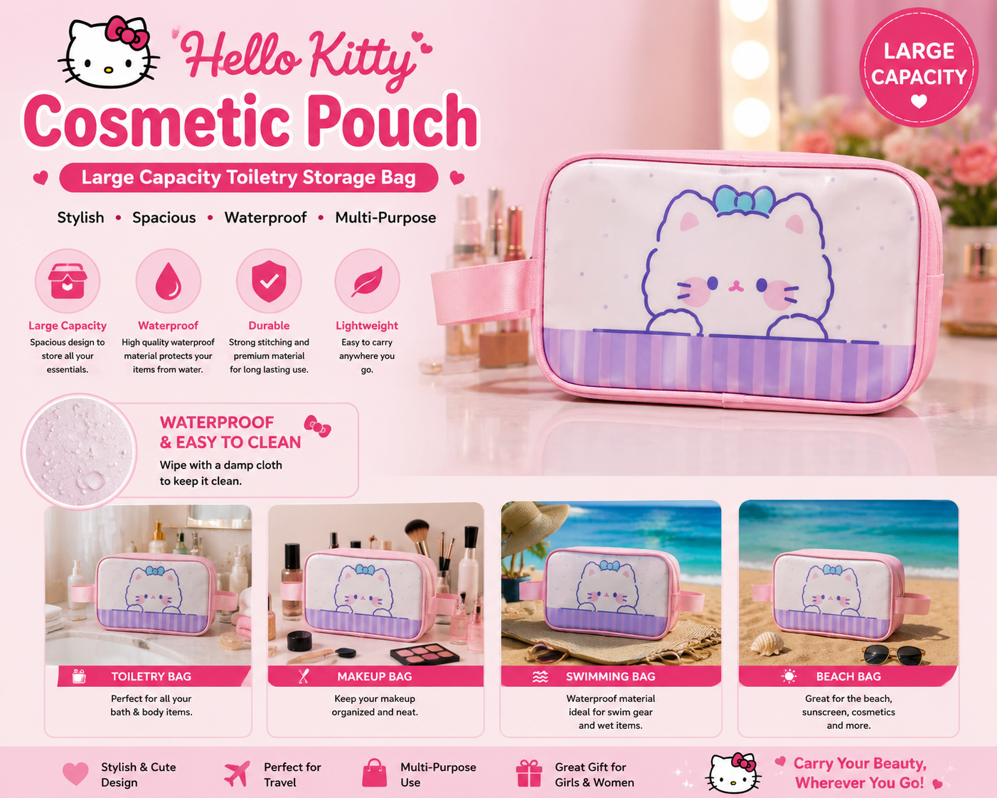 Pink Hello Kitty cosmetic pouch with a large capacity design, featuring a cartoon illustration of Hello Kitty on the front, shown alongside feature callouts and smaller lifestyle usage images.
