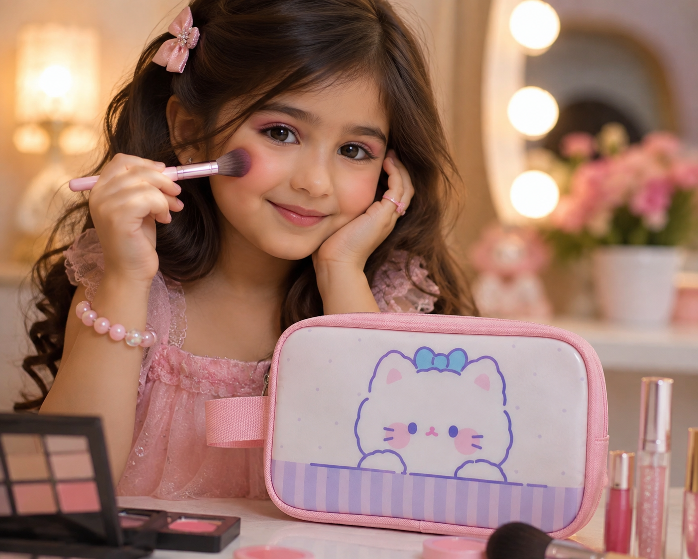 A young girl with long brown hair applies pink blush with a makeup brush while resting her chin on her hand. In the foreground, a pink cosmetic bag with a cartoon cat illustration sits on a vanity table surrounded by makeup items.