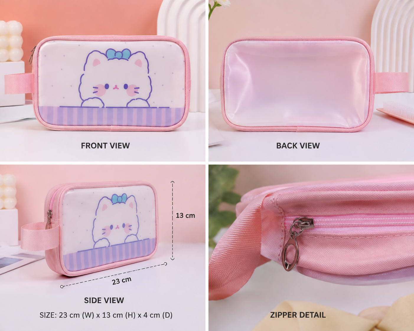 A four-panel product collage showing a small pink rectangular pouch/bag: front view with a cartoon cat illustration, back view showing a glossy pink panel, side view with dimensions, and a close-up of the zipper detail.