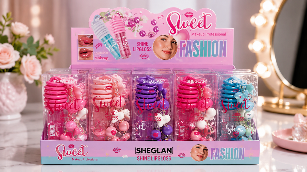 A retail display box of SHEGLAN 'Sweet Fashion' Shine Lipgloss in multiple pink, purple, and blue shades. The packaging features a pink heart-shaped header with a model's lips showing the gloss applied, and the brand name SHEGLAN is clearly visible on the front and top.