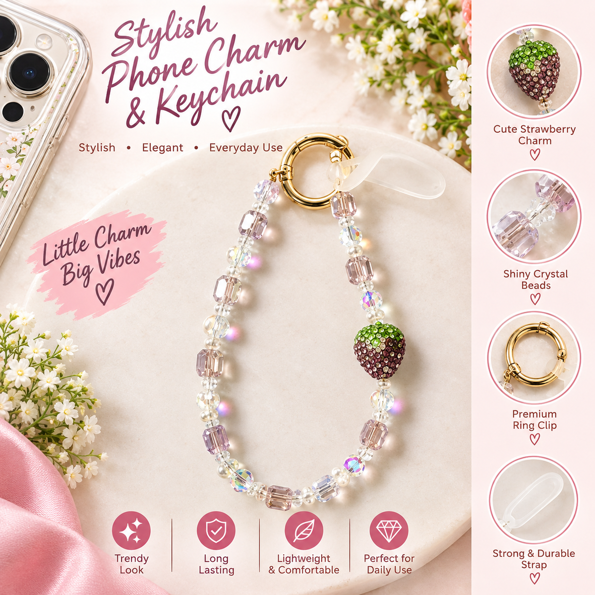 Phone Charm Strawberry Crystal Beaded Charm Keychain Accessories Decor | 3 Colors
