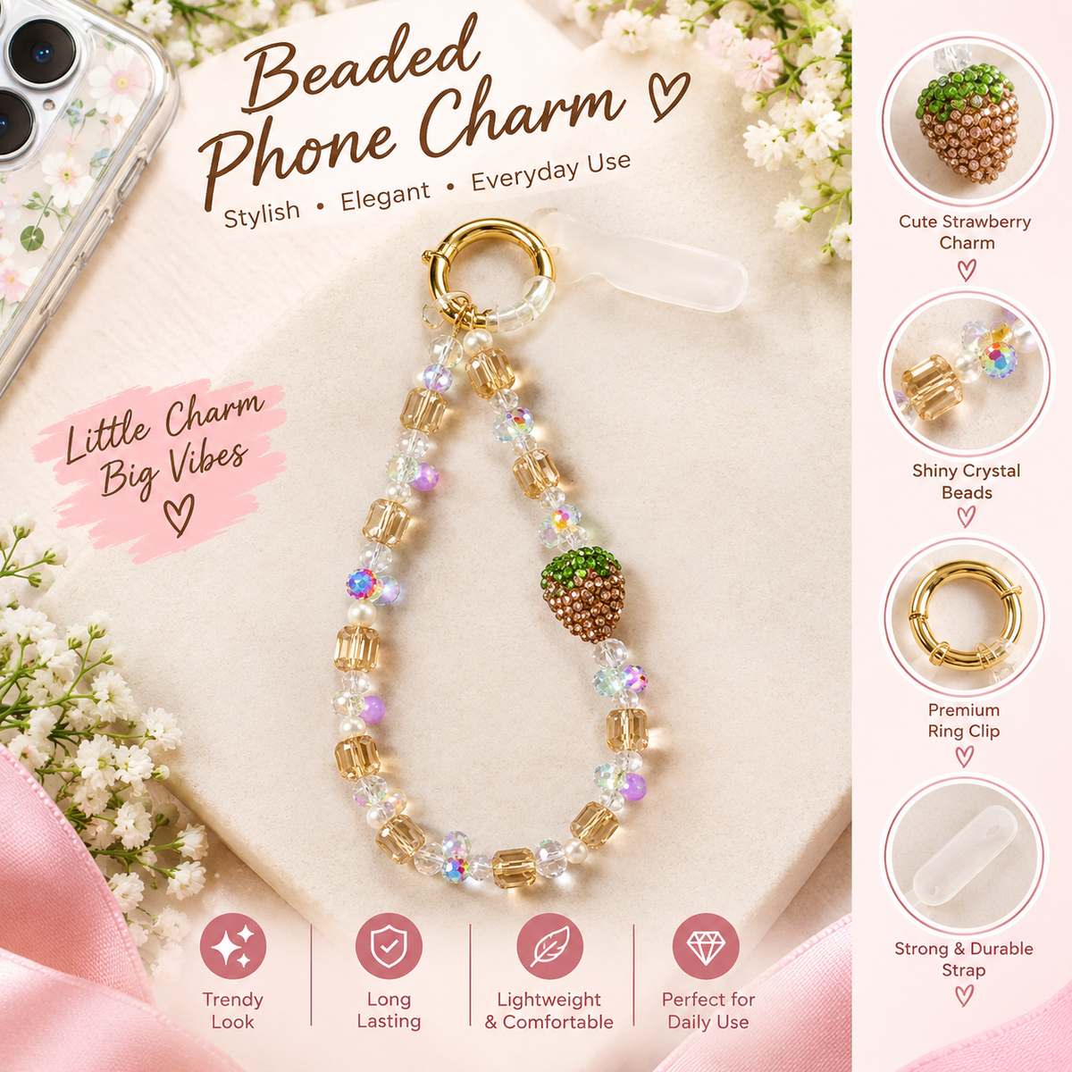 Phone Charm Strawberry Crystal Beaded Charm Keychain Accessories Decor | 3 Colors