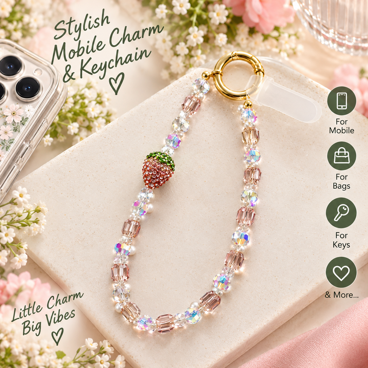 Phone Charm Strawberry Crystal Beaded Charm Keychain Accessories Decor | 3 Colors
