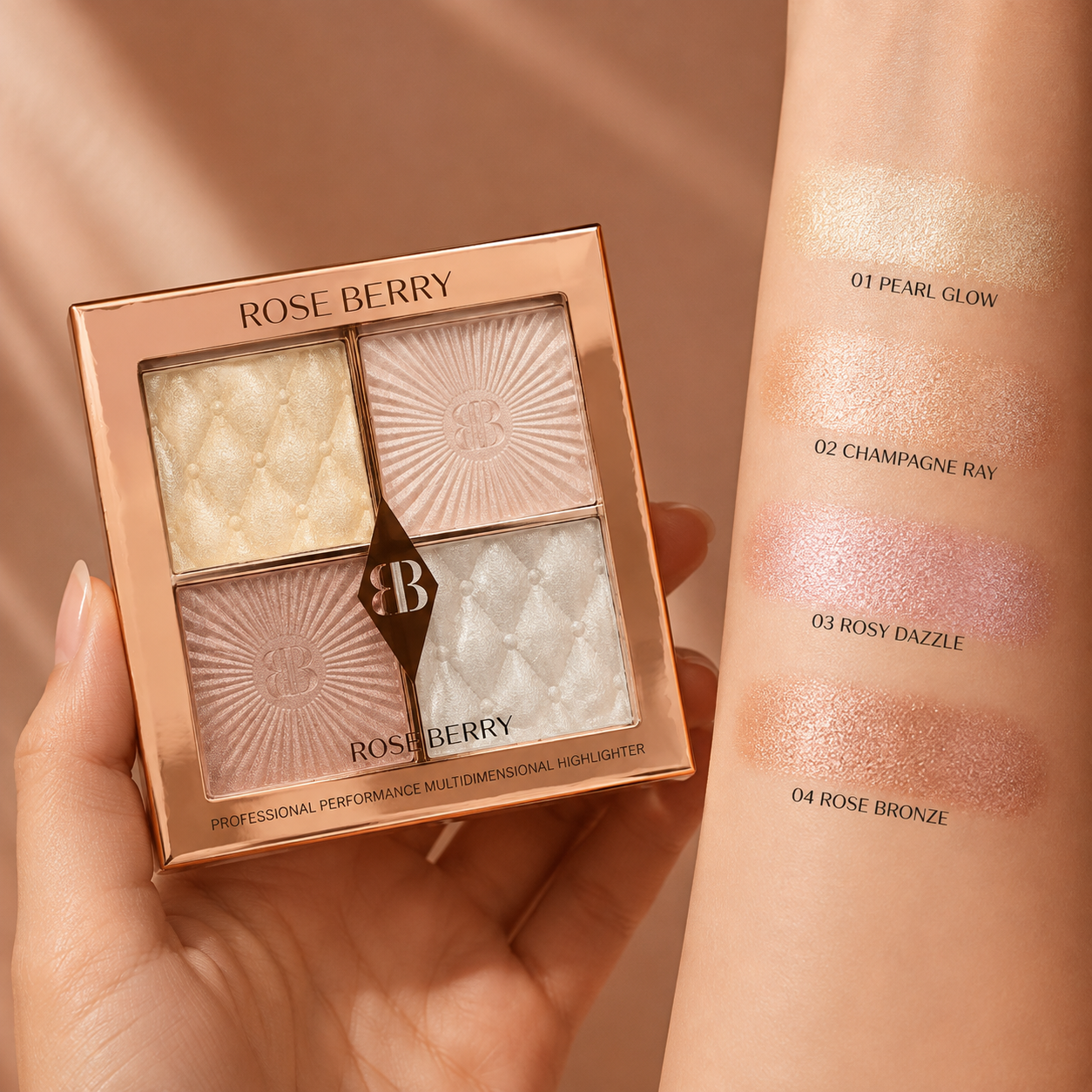 A hand holds a Rose Berry quad highlighter palette next to a forearm swatched with the four shimmer shades labeled Pearl Glow, Champagne Ray, Rosy Dazzle, and Rose Bronze.