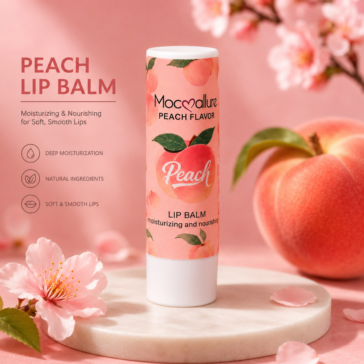 A tube of Mocvalure Peach Lip Balm stands on a white marble slab, surrounded by peach blossoms, a peach fruit, and pink petals on a soft pink background. Text on the left highlights peach lip balm benefits.