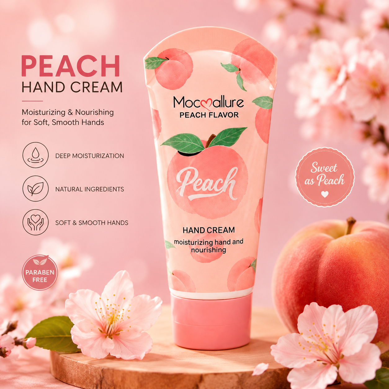 Mocoallure Peach Hand Cream tube standing on a wooden slice with peach blossoms, a peach, and product text on a pink cherry-blossom background.