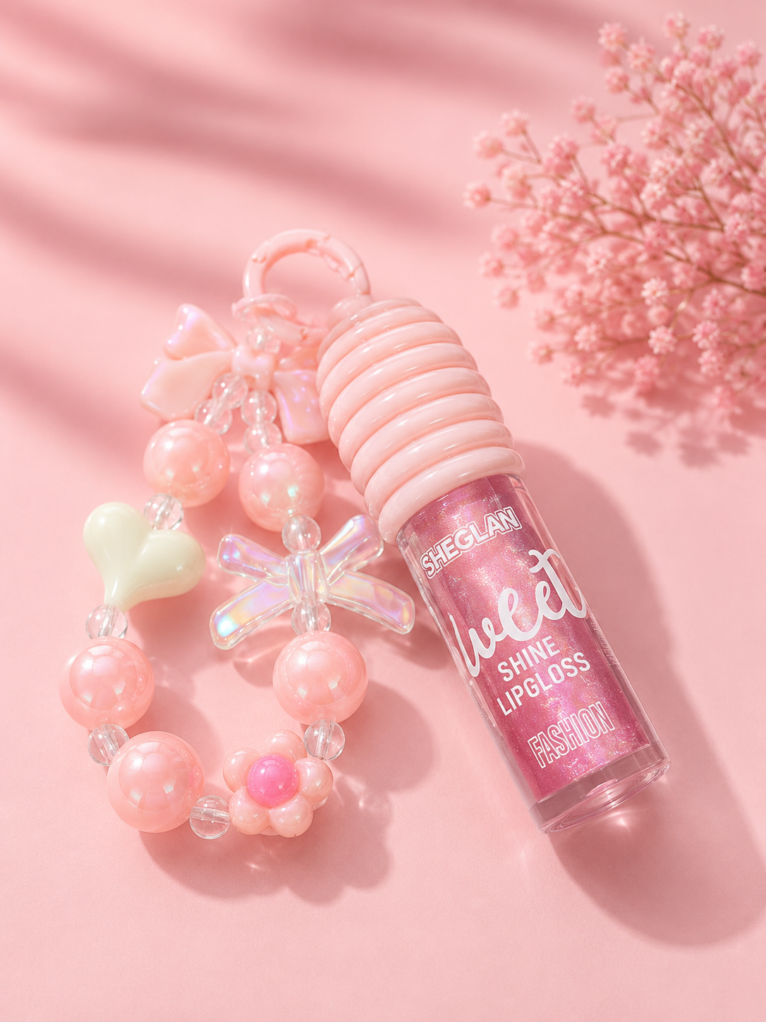 Pink lip gloss tube with a striped cap and decorative pastel charm keychain, styled on a pink background with dried flowers.
