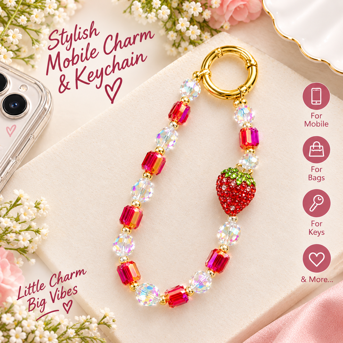 Phone Charm Strawberry Crystal Beaded Charm Keychain Accessories Decor | 3 Colors