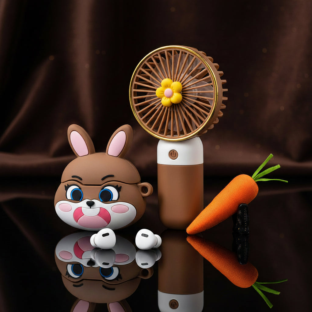 A small handheld fan with a brown and white body and a yellow flower detail on the front, shown inside its retail packaging. The box also includes illustrations of white earbuds and a cartoon rabbit face, with a barcode sticker near the top.