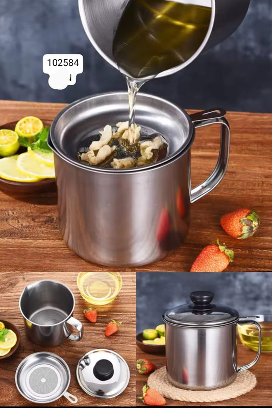 Stainless Steel Oil Filter Pot, Kitchen Oil Separator And Storage Can With Fine Mesh Strainer, Oil Trap with Lid, Strainers Pot Oil Bottle, Filter Oils Separator Lard Tank, Kitchen Cooking Tools