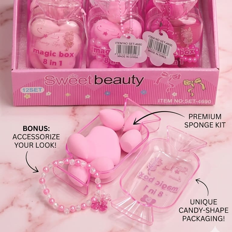 Pink toy set packaging with 'Sweet Beauty' branding on a pink background