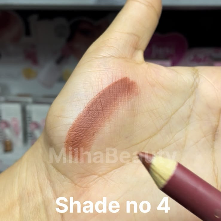 A close-up of a hand showing a swatch of a mauve-brown cosmetic pencil shade, with a matching pencil tip touching the skin. Text overlays read 'Shade no 4' and 'Price 150/- each', with a phone app interface visible at the top and bottom.