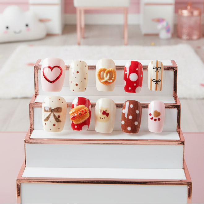 A 10-piece set of decorative press-on nails in a peach-colored arched display card, placed on a black laptop keyboard. The nails feature various cute tea-themed designs like hearts, flowers, and characters on a cream background.