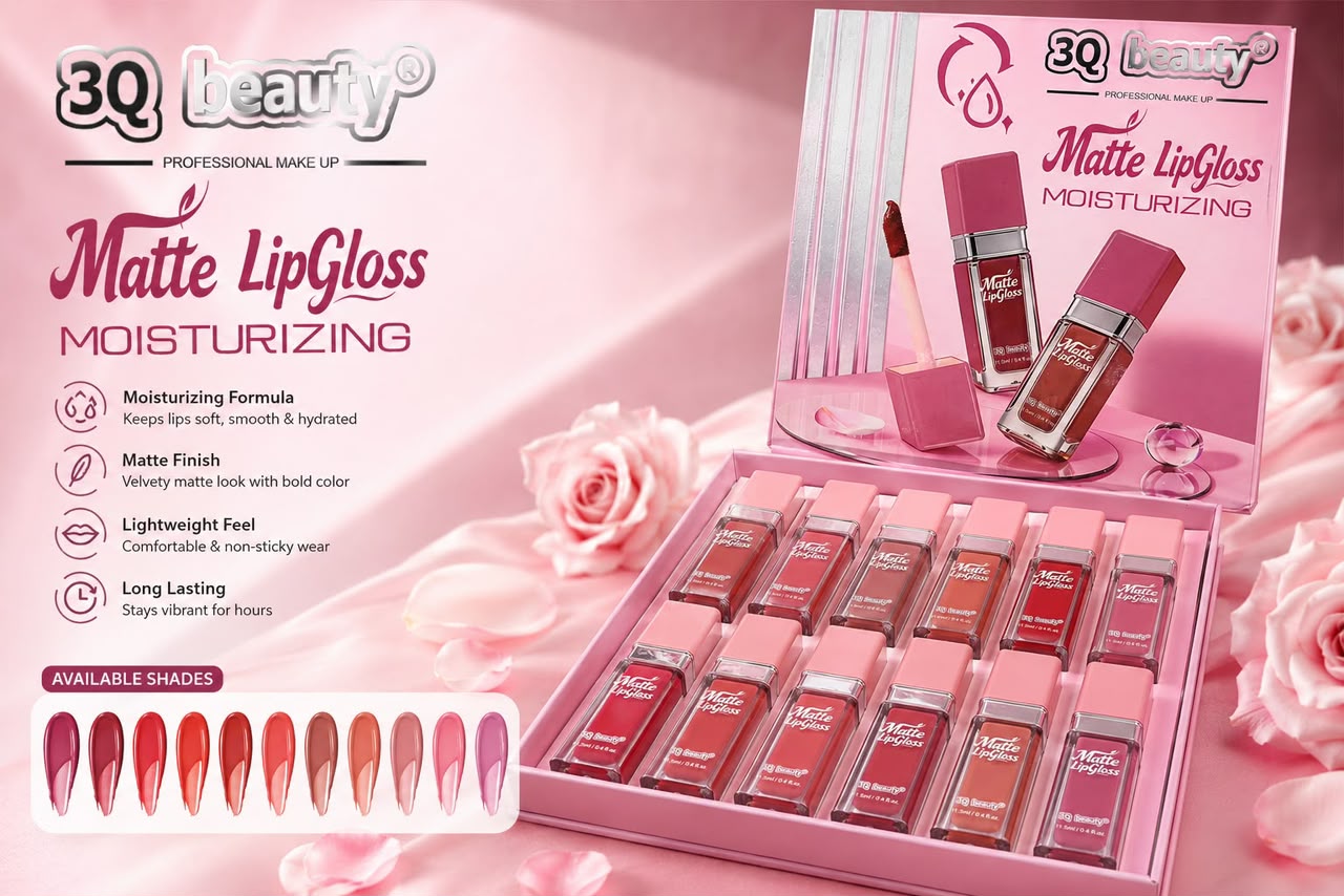 3Q Beauty Matte LipGloss Moisturizing set in a pink presentation box with multiple lip gloss tubes, shown alongside a shade chart and pink rose decorations on a pink background.
