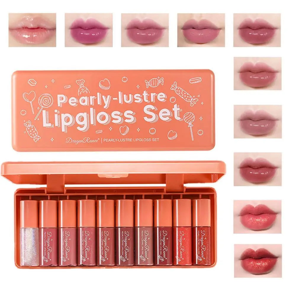Pearly-lustre lipp gloss set with lip swatches on a white background