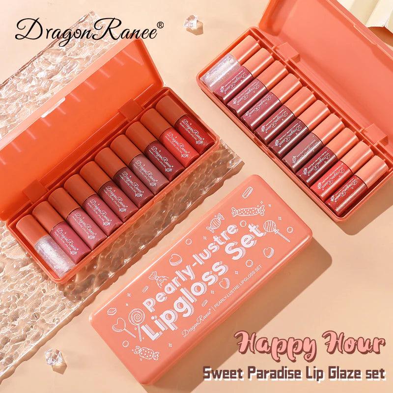 Set of lip glosses in an orange case with 'Dragon Ranee' branding on a beige background.