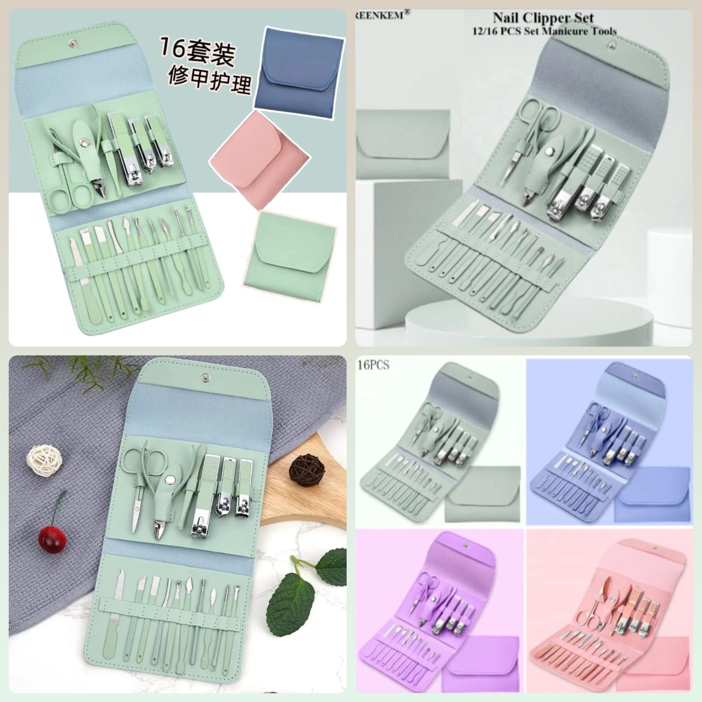 A collage showing a 16-piece manicure and nail clipper set in multiple pastel color options. The set includes a mint green main pouch with multiple tool compartments and matching tools such as nail clippers, cuticle tools, and file holders.