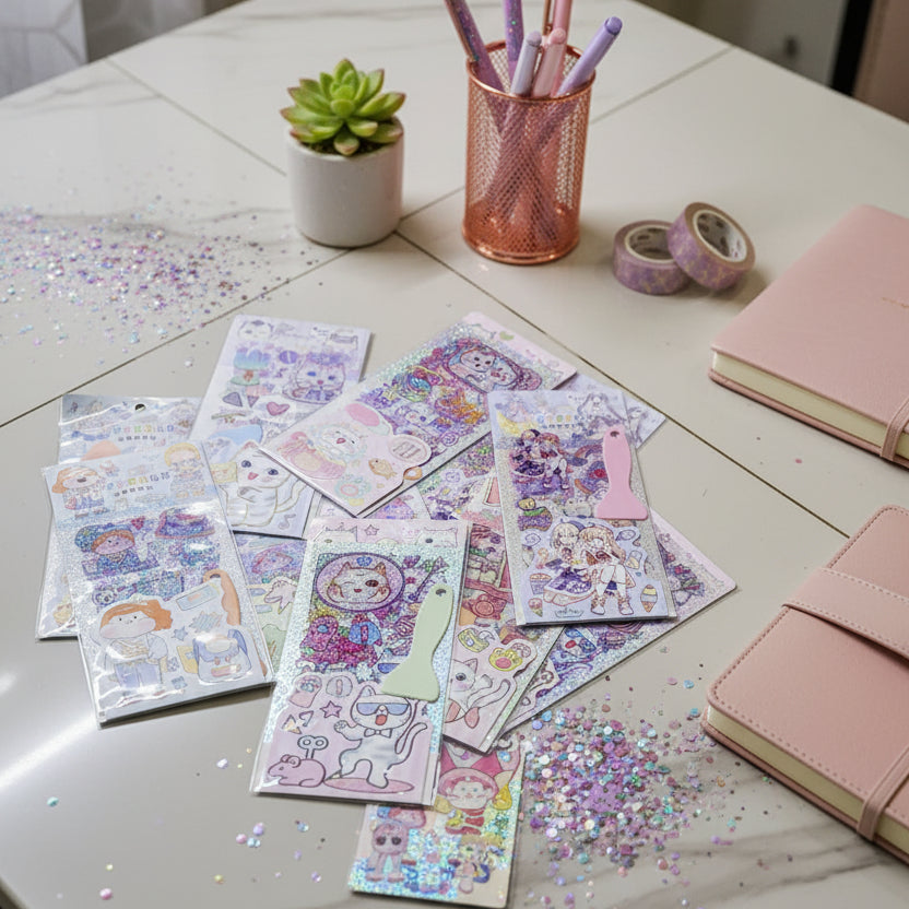 A pile of multiple sticker sheets featuring cute cartoon characters, animals, and pastel designs, arranged on a beige tiled floor.
