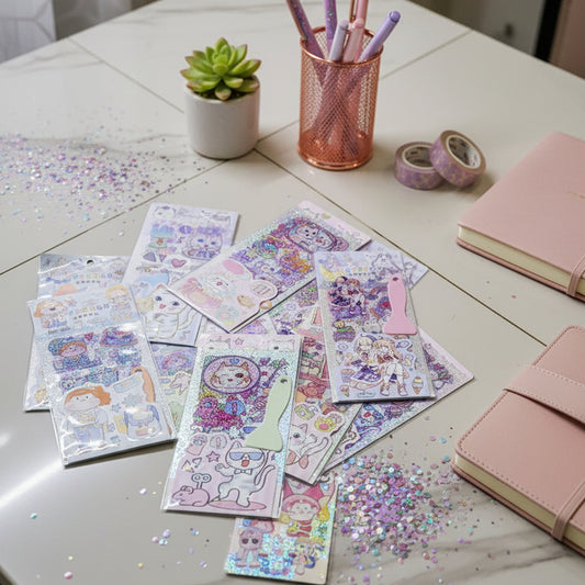 A pile of multiple sticker sheets featuring cute cartoon characters, animals, and pastel designs, arranged on a beige tiled floor.