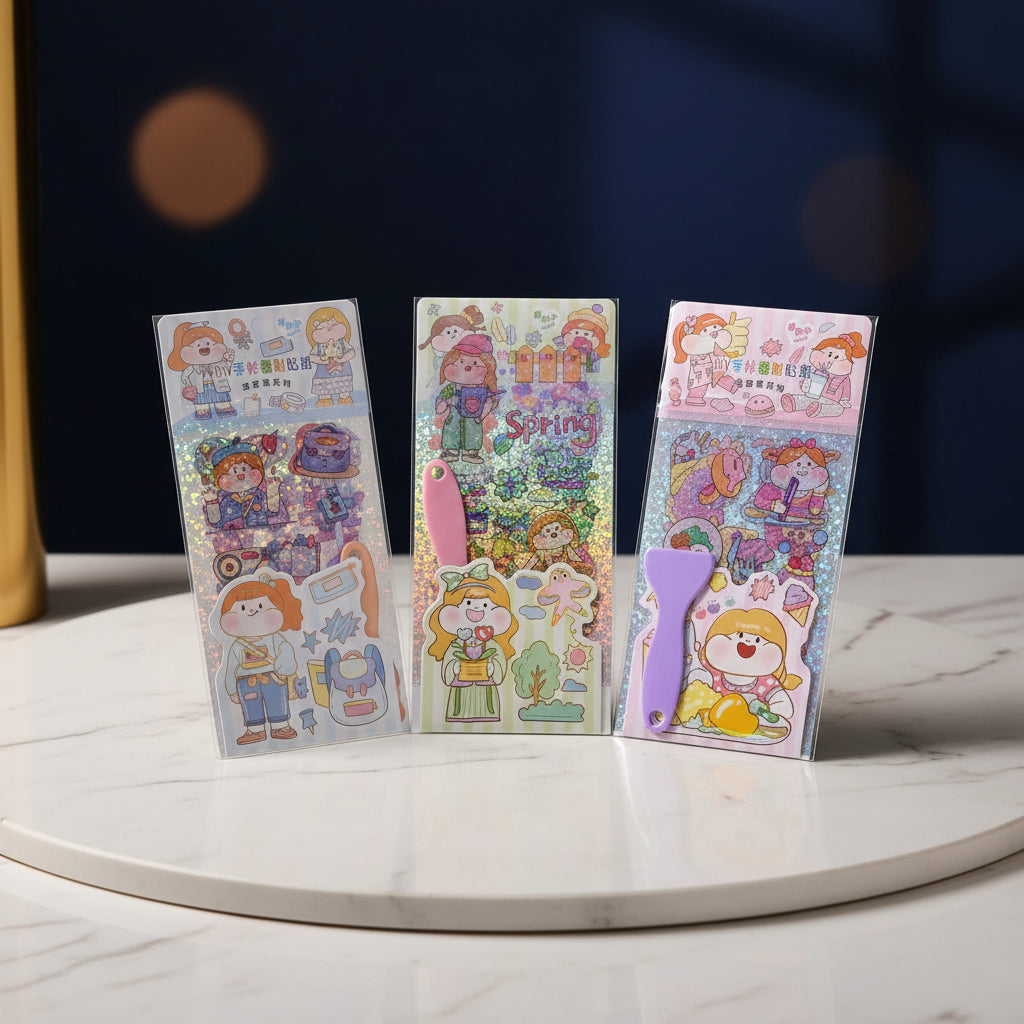 Three colorful cartoon sticker sheets with holographic glitter elements, displayed on a beige tiled floor
