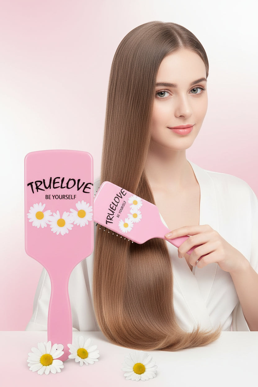 A pink paddle-style hairbrush with white daisy graphics and the text 'TRUELOVE BE YOURSELF' on the front, shown inside its retail packaging. The package also shows the brand name 'Magik brushes' and model text 'Xiao Ya Tou'.