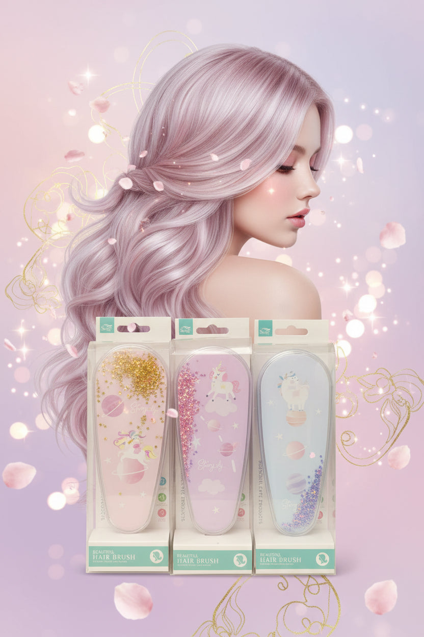 Three packaged hairbrushes are displayed side by side on a colorful tropical-patterned fabric background. Each brush has a pastel unicorn and planets design with glitter fill: one gold, one pink, and one purple.