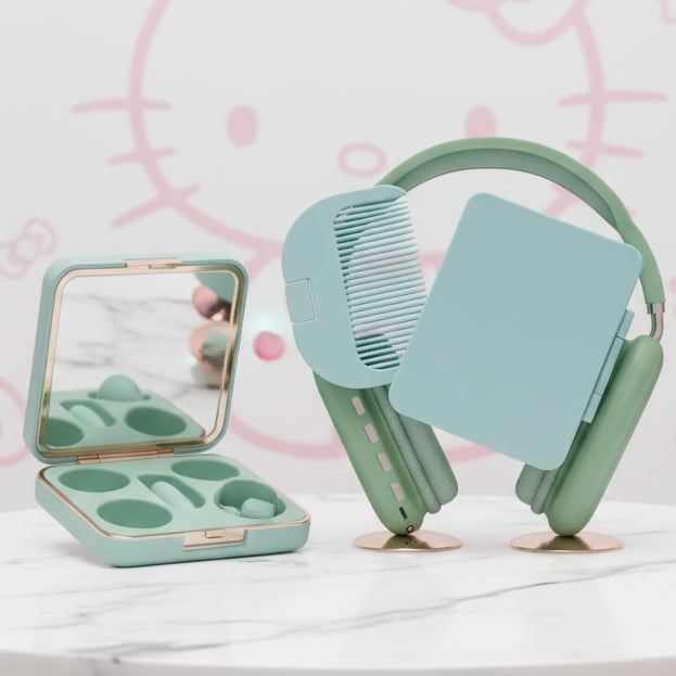 A pair of light green over-ear headphones with a light blue comb-style hairbrush attachment and a matching light blue rectangular case, displayed on a white surface.