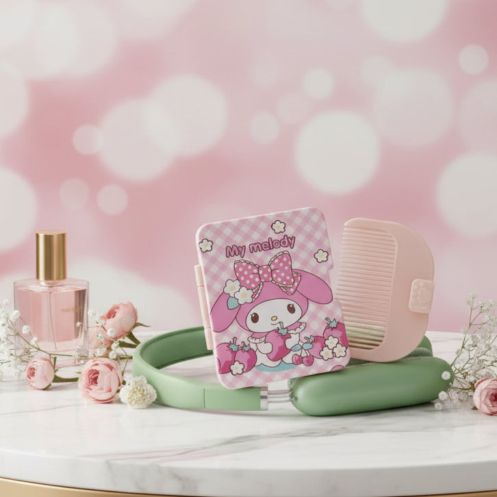 A pink and green My Melody themed hair accessory set, including a small square card with a My Melody illustration and the text 'My melody' and a pink comb, arranged on a white surface.