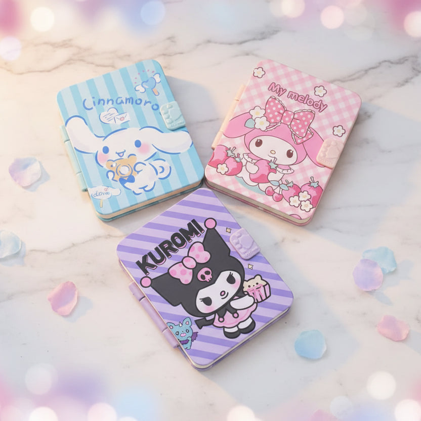Three Sanrio character cardholder wallet sets (Cinnamoroll, My Melody, and Kuromi) in a white plastic packaging sleeve, held by a hand. The products feature pastel-colored striped and checkered patterns with cartoon characters.