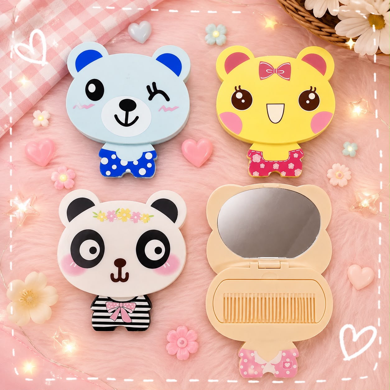Four cute cartoon character compact mirrors arranged on a pink textured background with decorative hearts, flowers, and fairy lights. The characters include a light blue bear, a yellow cat, a panda, and an open beige bear mirror showing the built-in comb.