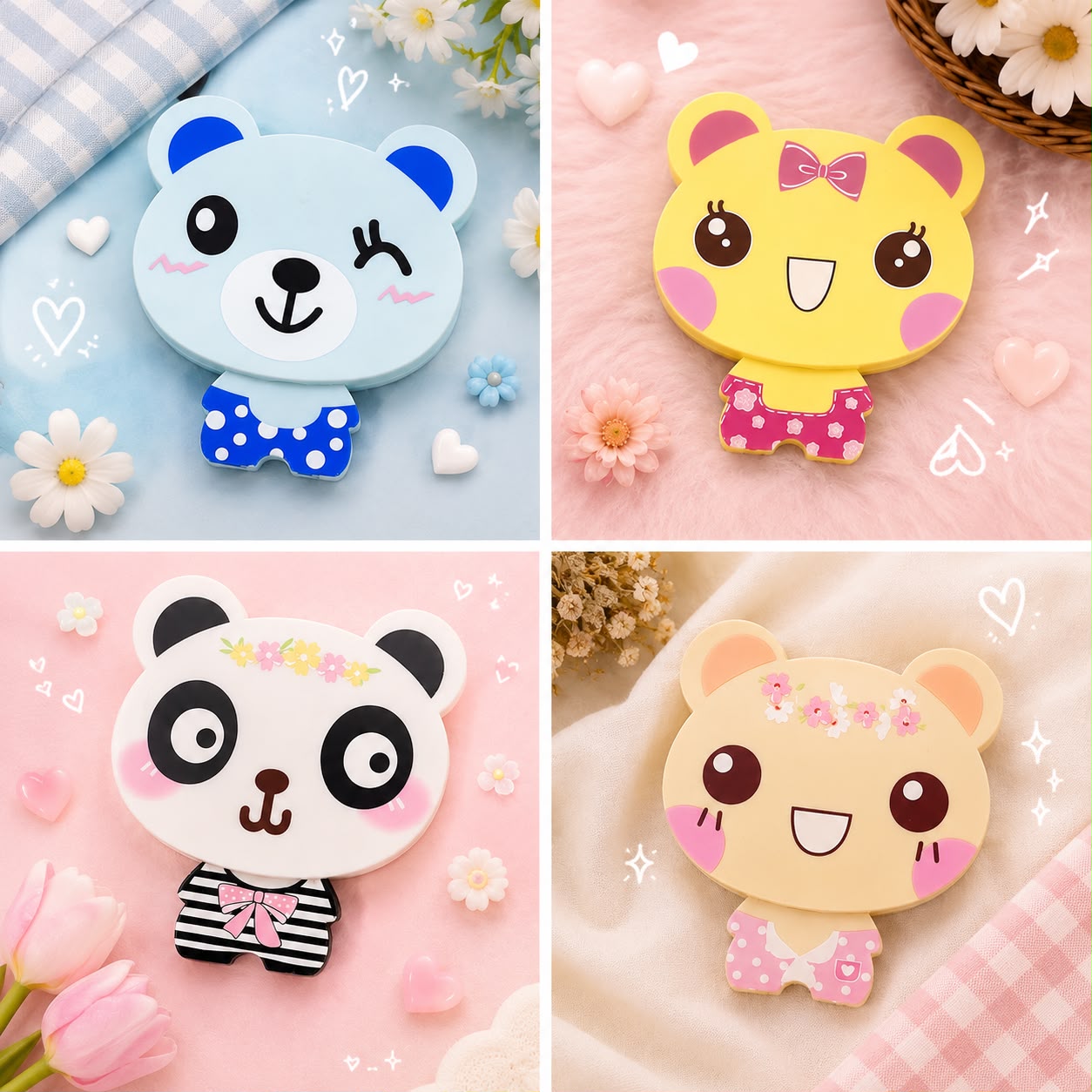 A collage of six photos showing cute cartoon animal face compact mirrors in different colors: blue bear, yellow bear, and panda. Some photos show the products on a surface, while others show a hand holding them.