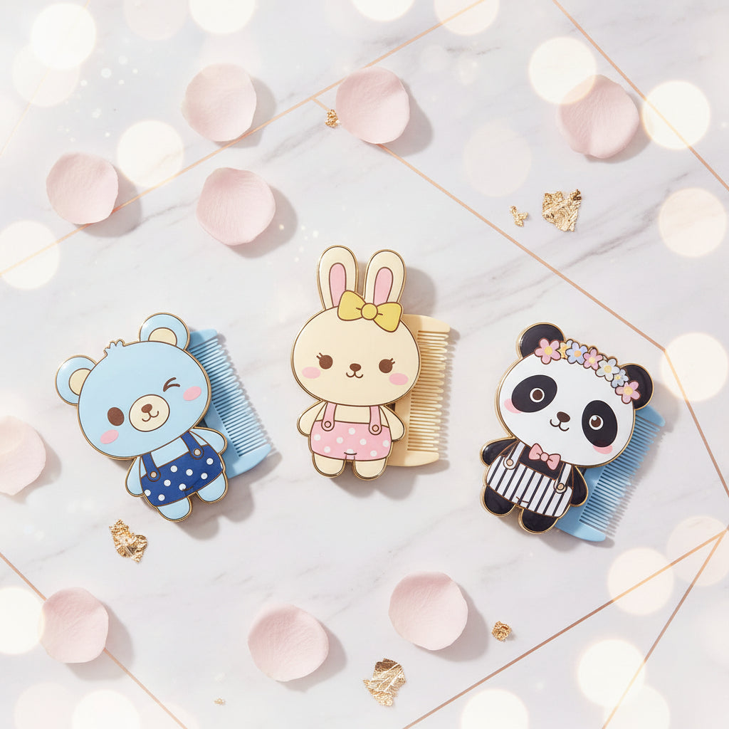 A collage of six photos showing cute cartoon animal face compact mirrors in different colors: blue bear, yellow bear, and panda. Some photos show the products on a surface, while others show a hand holding them.