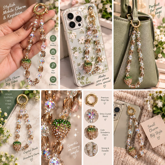 Phone Charm Strawberry Crystal Beaded Charm Keychain Accessories Decor | 3 Colors