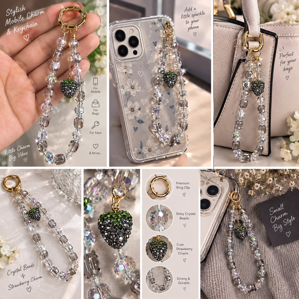 Phone Charm Strawberry Crystal Beaded Charm Keychain Accessories Decor | 3 Colors