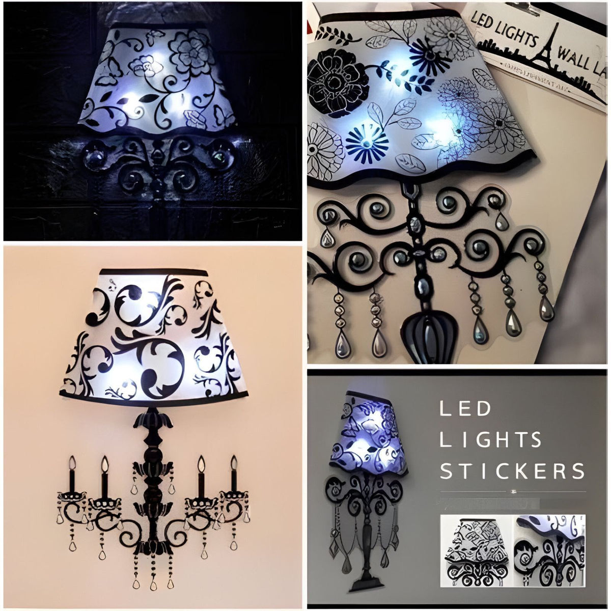Decorative LED lights stickers with intricate designs on a wall.