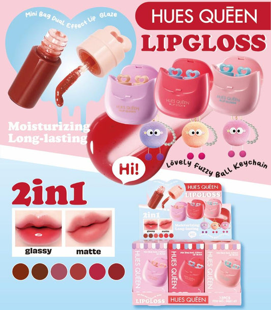 HUES QUEEN 2-in-1 Lip Gloss set featuring multiple pastel and vibrant lip gloss bottles, a heart-shaped applicator, swatches of glossy and matte finishes, and retail packaging on a light blue and pink background.