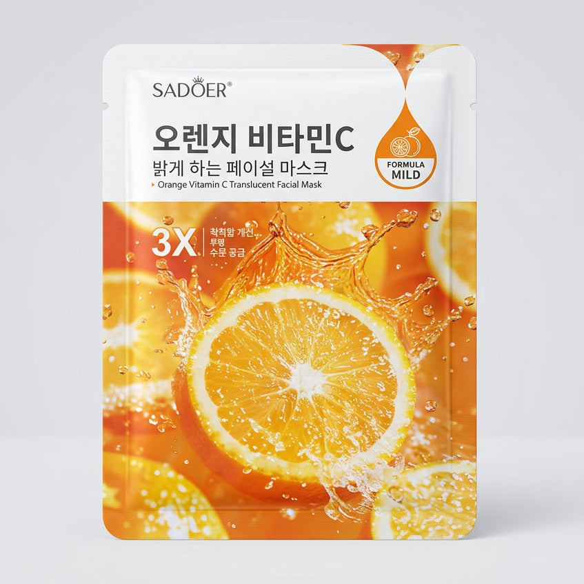 SADOER orange vitamin C facial mask pouch with Korean text, featuring an orange slice graphic, photographed on a beige patterned fabric surface.