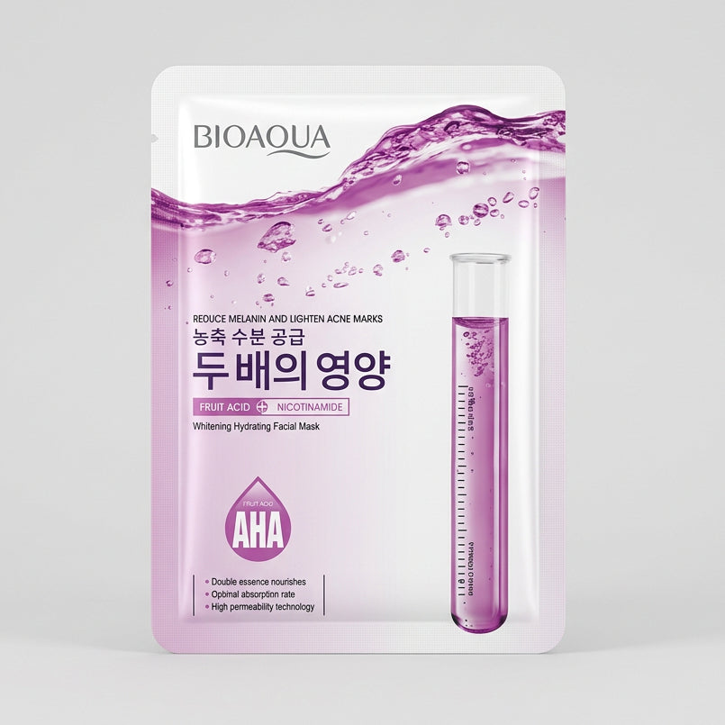 A packet of Diaqua AHA facial mask powder in a pink and white design, placed on a beige textured fabric surface.