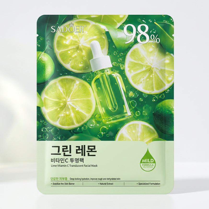 A package of Sadler's Green Lemon Niacin C Balancing Mask, featuring a green and white design with illustrations of sliced limes and a dropper bottle, placed on a textured beige fabric surface.