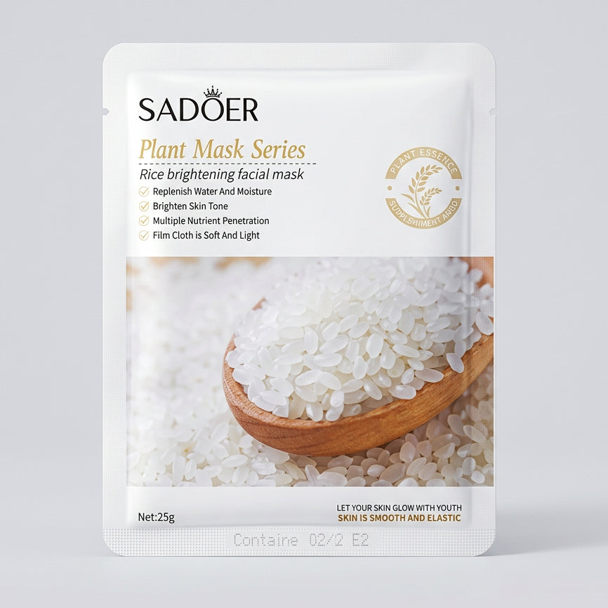 A package of SADOER Plant Musk Series rice brightening facial mask, featuring a white pouch with an illustration of white rice grains in a wooden bowl, photographed in front of a computer monitor.