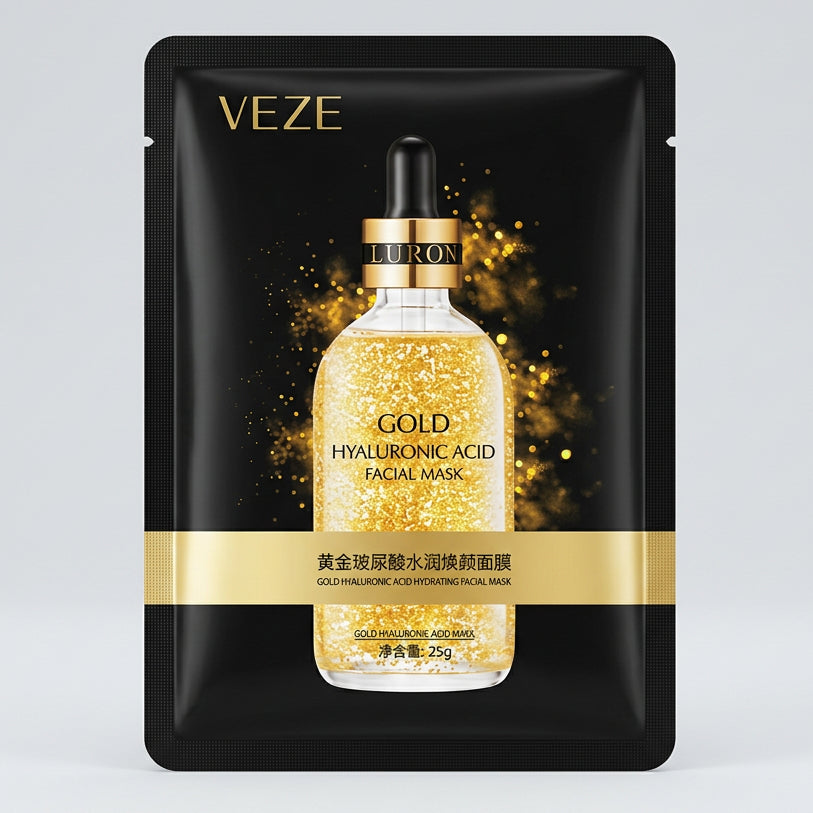 A black VEZE facial mask packet featuring a gold bottle illustration and the text 'GOLD HYALURONIC ACID FACIAL MASK' on a laptop keyboard.