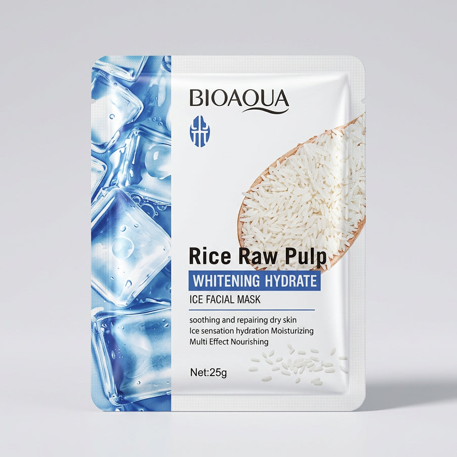 A package of BIOAQUA Rice Raw Pulp Whitening Hydrate Ice Facial Mask, placed on top of other colorful facial mask packets in front of a laptop keyboard.