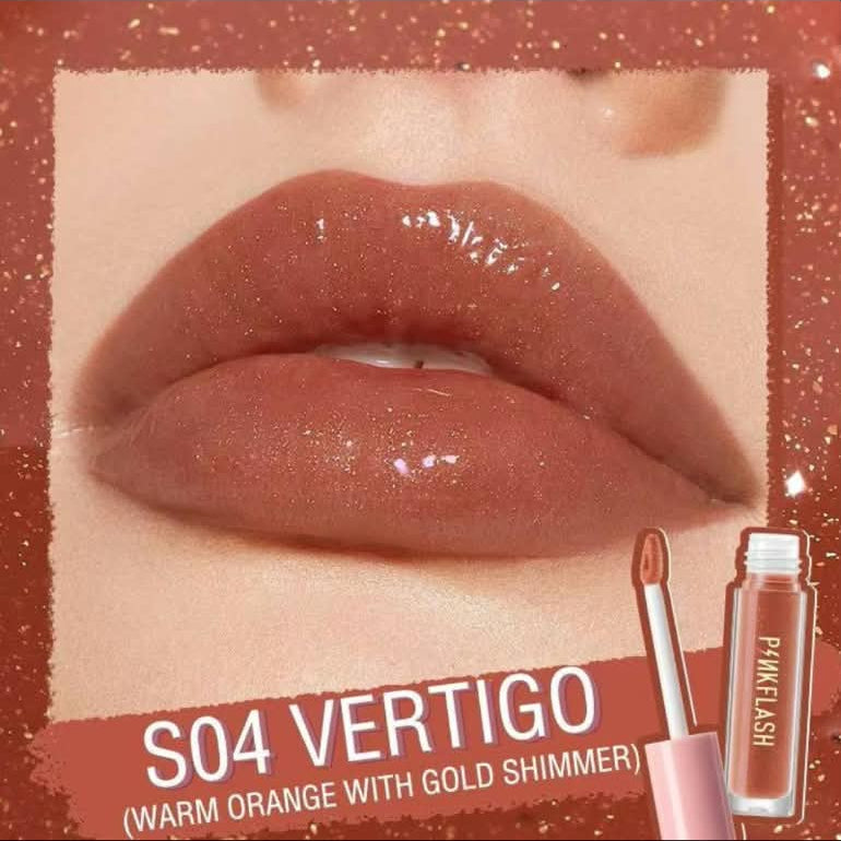 A close-up lip swatch showing glossy warm orange lips with text reading 'S04 VERTIGO (WARM ORANGE WITH GOLD SHIMMER)' and a small lip gloss tube on a glittery orange background.