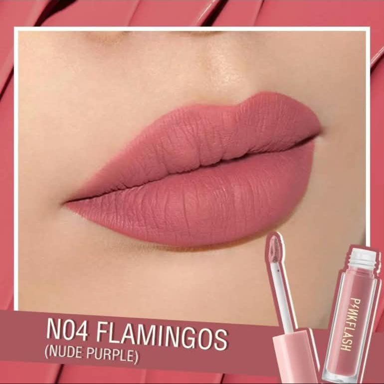 A close-up lip swatch showing matte nude-pink lips with the shade name 'N04 FLAMINGOS (NUDE PURPLE)' and a small bottle applicator on a pink background.