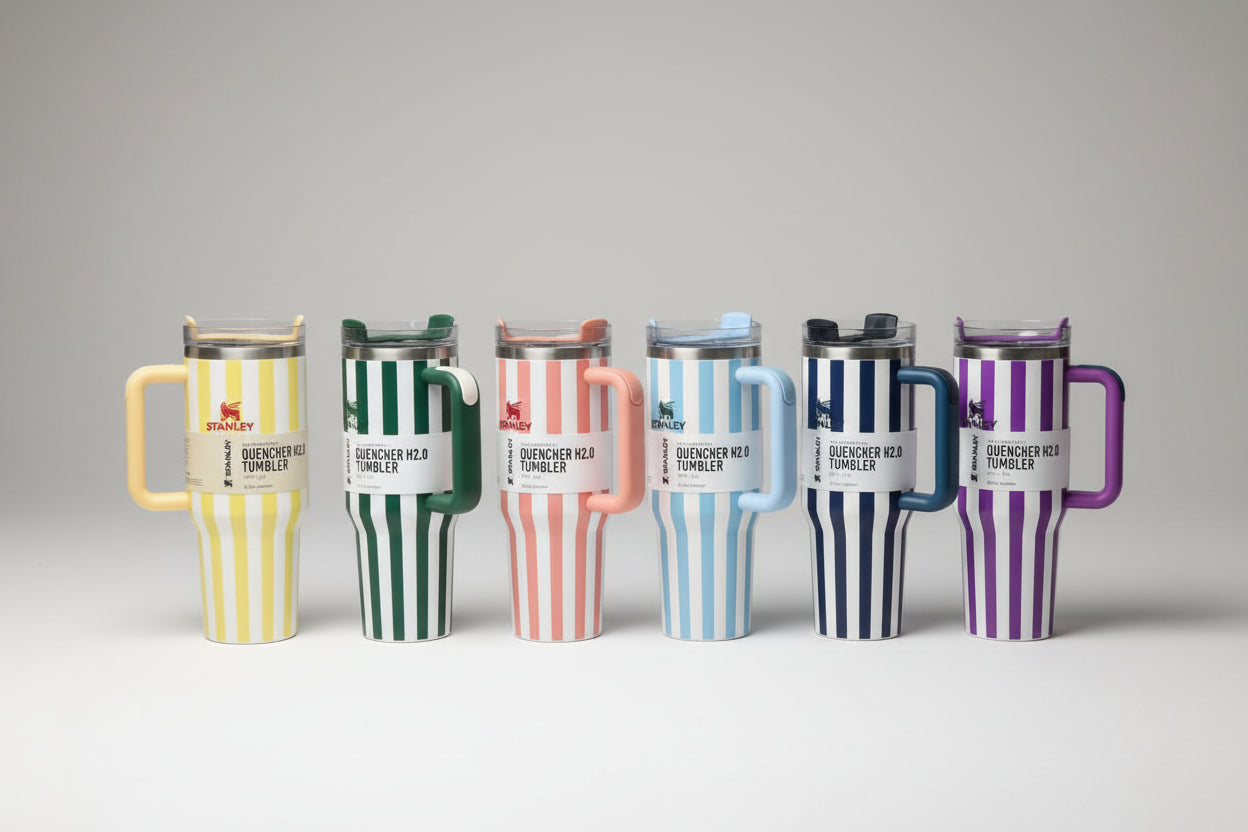 Six insulated handled tumblers with vertical striped patterns in different colors, displayed on a glass shelf in front of cardboard boxes.