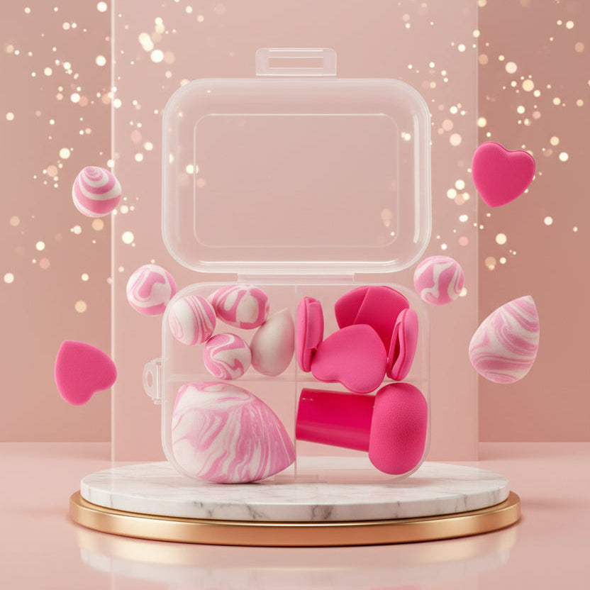 A clear rectangular cosmetic case with a hinged lid, displayed open on a round marble-and-gold base against a soft pink studio background with floating heart and swirl shapes.