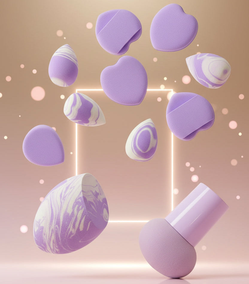 A set of lavender and white makeup sponge applicators floating in a stylized studio scene with a soft peach background, glowing geometric frame, and bokeh light effects.